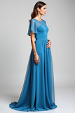 Blue Long Chiffon Mother of the Bride Dress with Short Sleeves